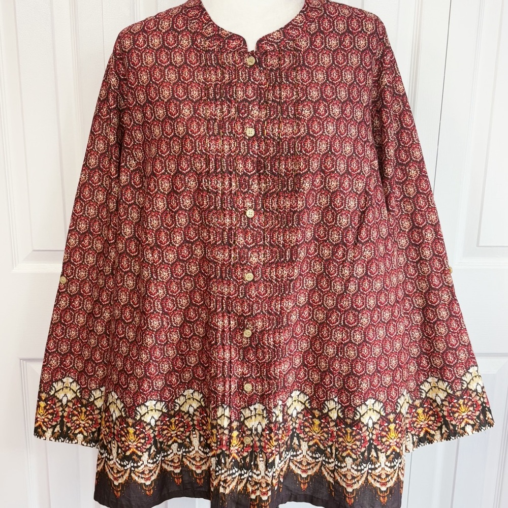 Catherines Red Multi Boho Print Beaded Long Sleeve Button Down Shirt 2X